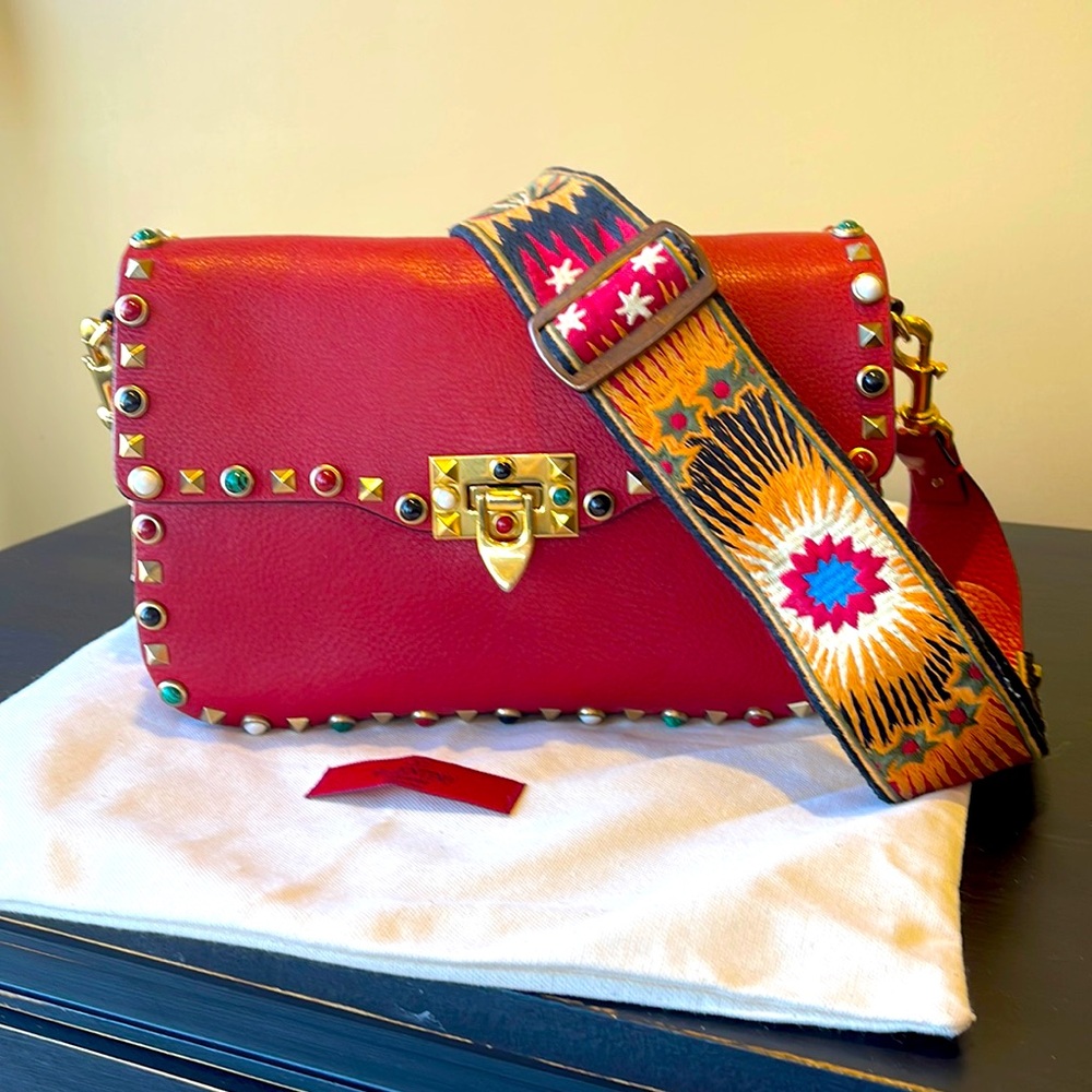 Valentino crossbody bag red leather gold hardware single shoulder guitar strap